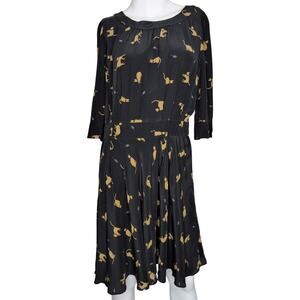 NW3 Hobbs Silk Cat Mouse Print Long Sleeve Dress Pleated Midi UK 12 US 8 Novelty